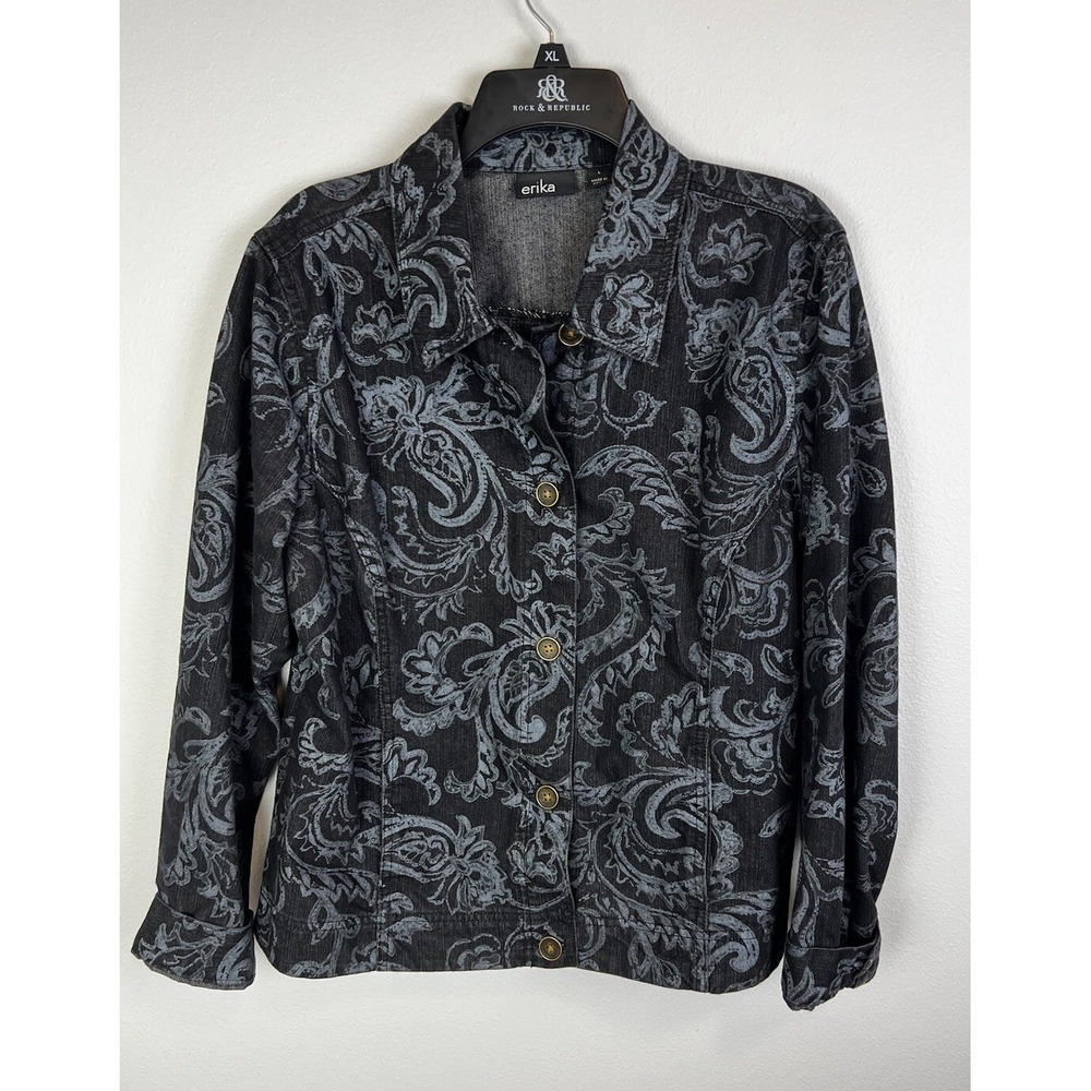 Erika‎ Denim Jean Jacket Women's Size Large Black Gray